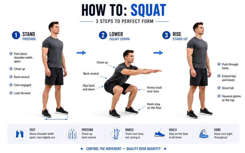 Một lần squat chuẩn gồm chuẩn bị tư thế, hạ người có kiểm soát và đứng lên chắc chắn.
